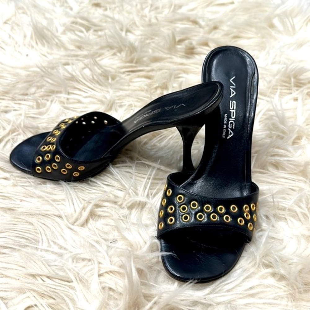 Via Spiga Black Heeled Slide Sandals with Gold Eyelets - Picture 2 of 10